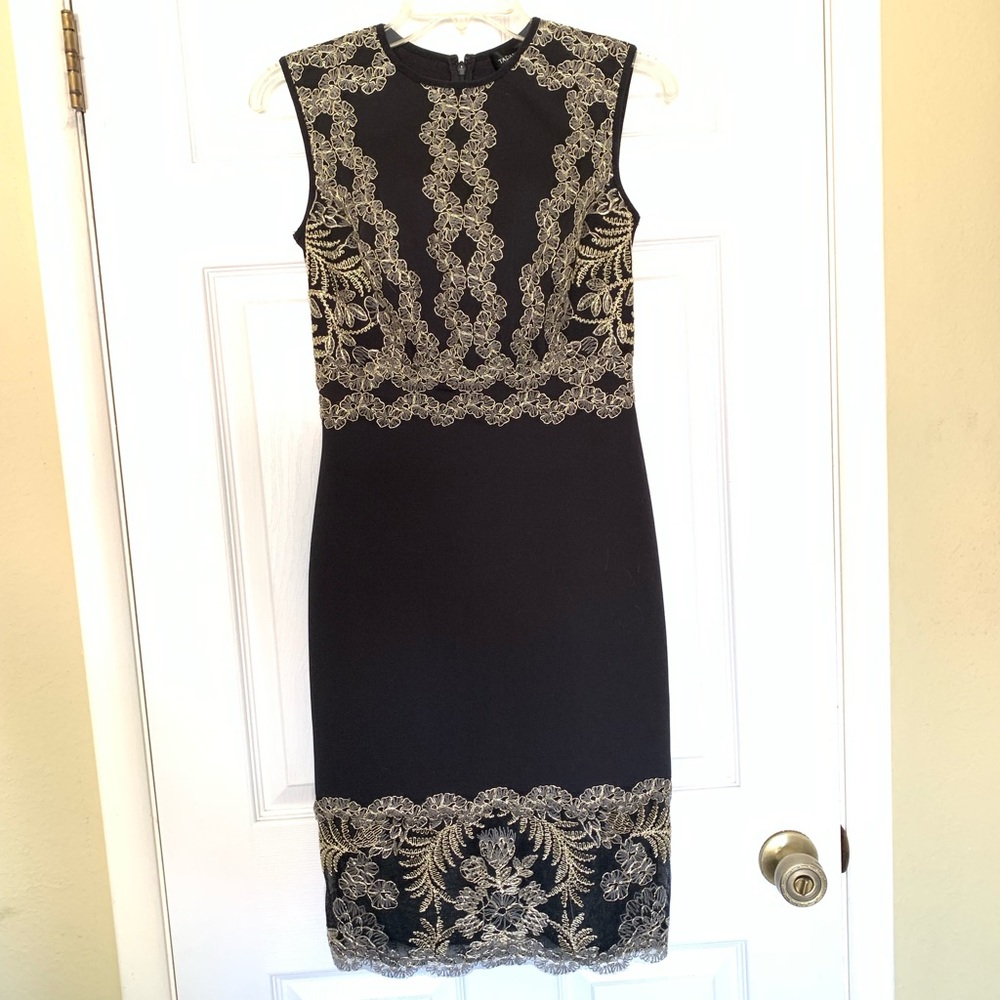 Tadashi Shoji Embroidered Cocktail Dress. 0. NWT. Black Gold Lace Bodice & Hem